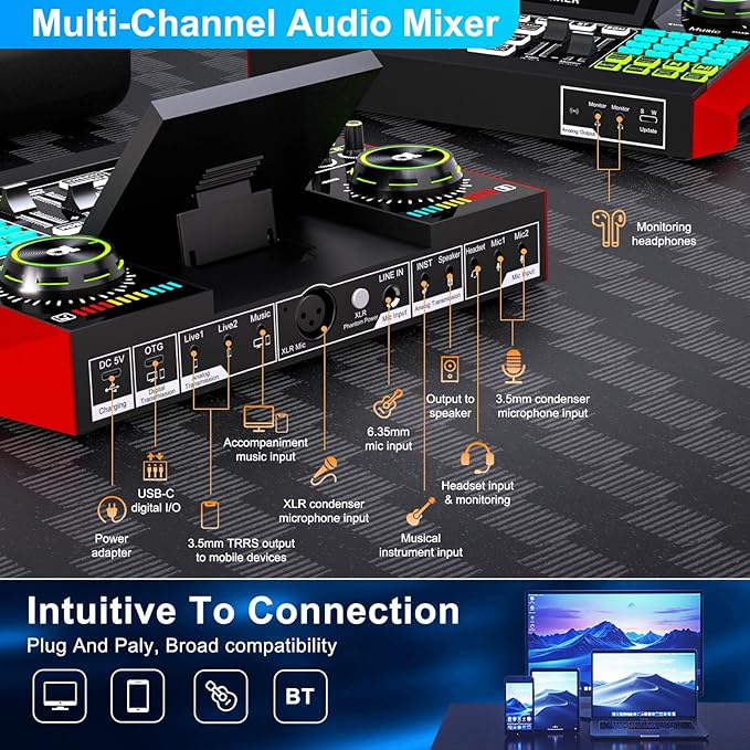 Podcast Microphone Bundle with Live Sound Card Audio Mixer, Podcast Equipment Bundle with 3.5mm Boom Mic for Pc/Phone Live Streaming Singing Gaming, Sound Board with Voice Changer, Denoise
