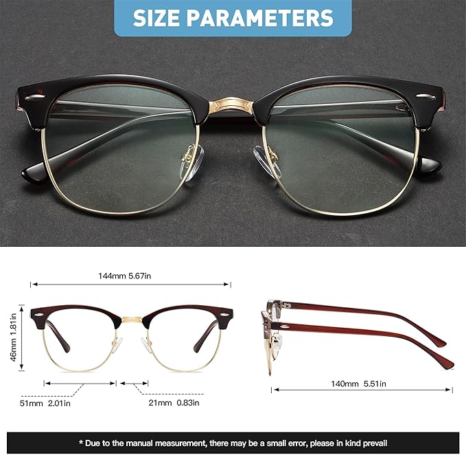 Blue Light Blocking Glasses Vintage Half Frame UV Clear Lens Anti Eyestrain Computer Gaming Glasses for Women Men(P51)