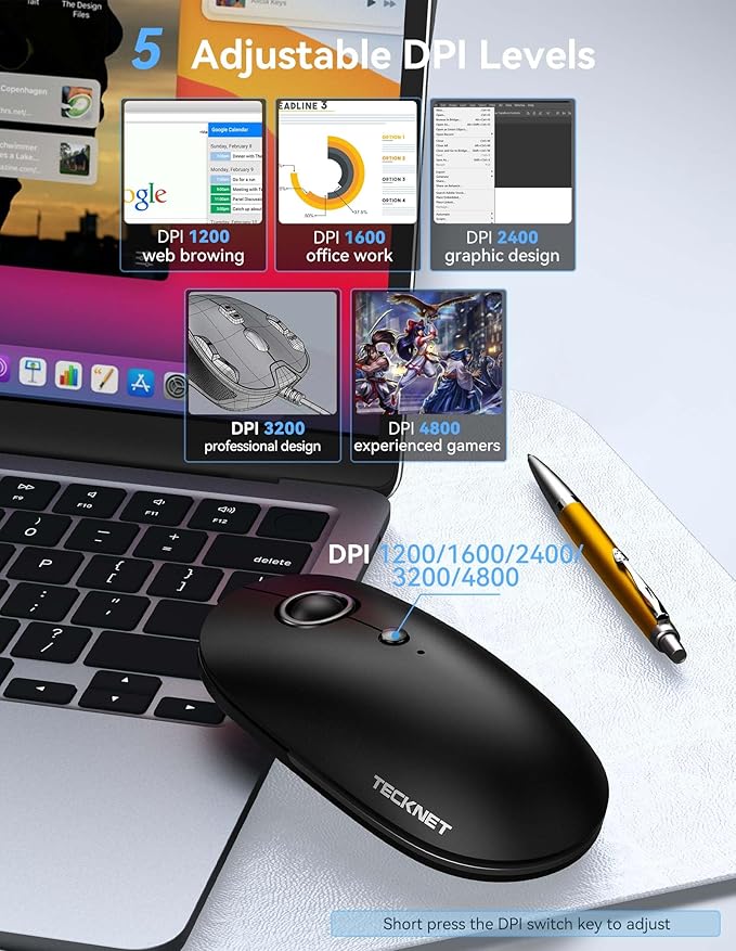 TECKNET Computer Mouse, 2.4Ghz Silent USB-A Wireless Mouse, 4800 DPI Ambidextrous Quiet Click for Travel, Slim Portable Wireless Mice Compatible with PC Laptop MacBook (Black & Grey)