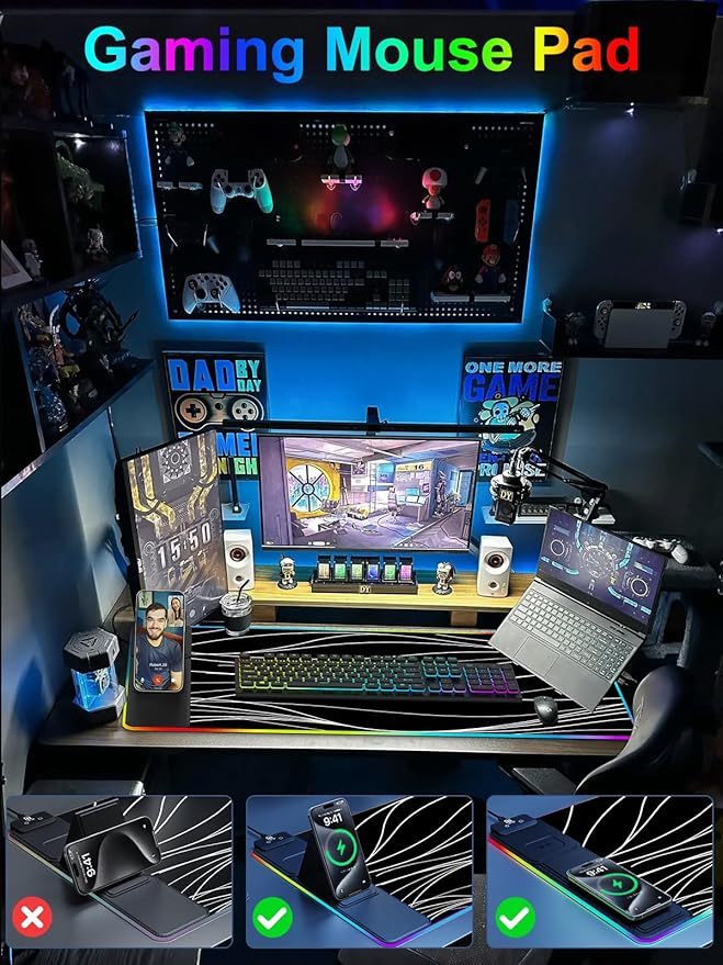 XXL Mouse Pad with Foldable Phone Holder - Black, RGB Desk Mat with 15W Fast Charging, LED Gaming Mousepad with 11 Light Colors, Waterproof Non-Slip Pad (Stand XXL RGB Wavy)