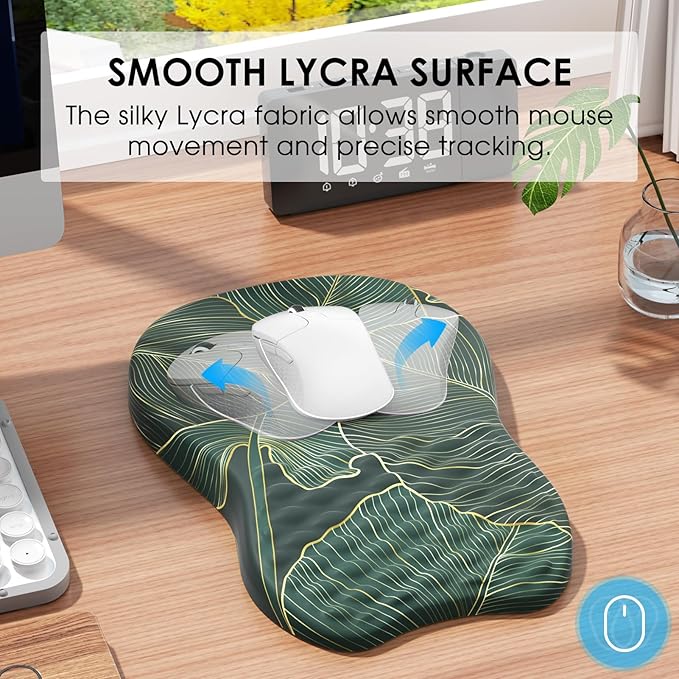 MROCO Ergonomic Mouse Pad with Wrist Support, Wrist Rest Mousepads for Carpal Tunnel Pain Relief, Memory Foam Pad with Massage Bulge and Non-Slip Base for Office, Home, Green Leaves