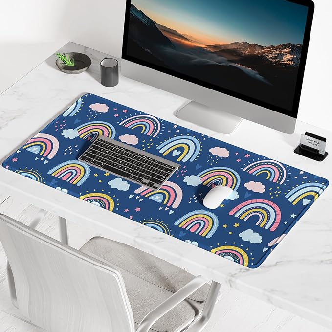 BOSOBO Large Mouse Pad, Desk Pad, XXL XL Extended Gaming Mouse Pad, Desk Mat for Office & Home, Long Keyboard Mat, Huge Mouse Pad, Desktop Full Cover 35.5 x 15.7 Inches, Colorful Rainbow Clouds