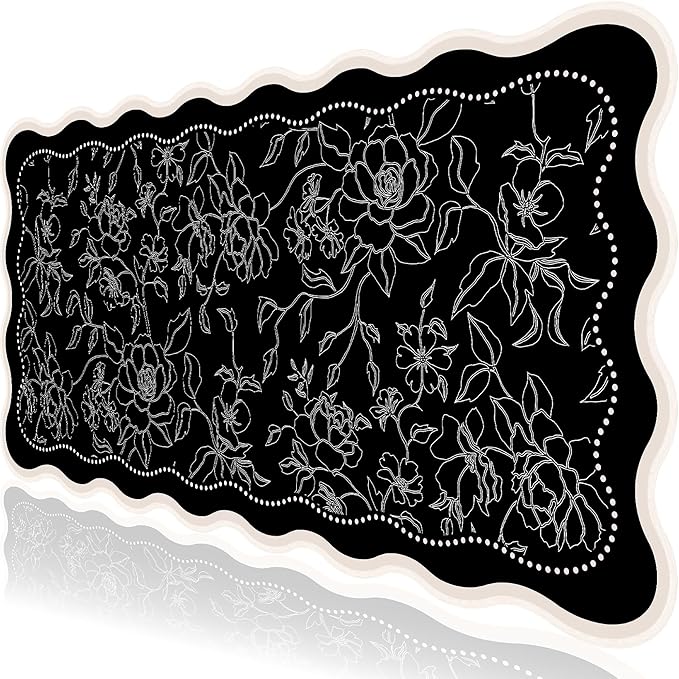 L-SPOUTTO Vintage Floral Mouse Pad,Aesthetic Scalloped Desk Mat XXL Large Gaming Mousepad,35.4x15.7in Non-Slip Keyboard Pad Waterproof Desktop Mat for Laptop Computer Work Game Home Office-Black