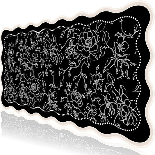 L-SPOUTTO Vintage Floral Mouse Pad,Aesthetic Scalloped Desk Mat XXL Large Gaming Mousepad,35.4x15.7in Non-Slip Keyboard Pad Waterproof Desktop Mat for Laptop Computer Work Game Home Office-Black