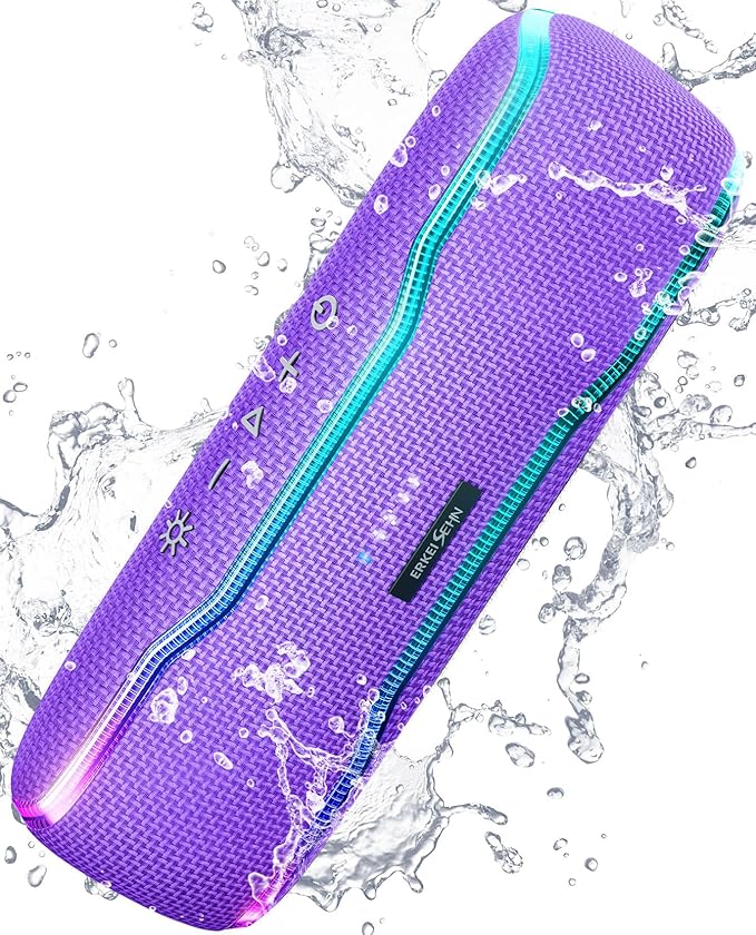 ERKEI SEHN Bluetooth Speaker, IPX7 Waterproof Wireless Speakers, Flashing Light, 25W Super Bass, 24H Playtime, Birthday Valentines Gifts for Him/Men, TWS Pairing, Beach Vacation Essentials, Purple