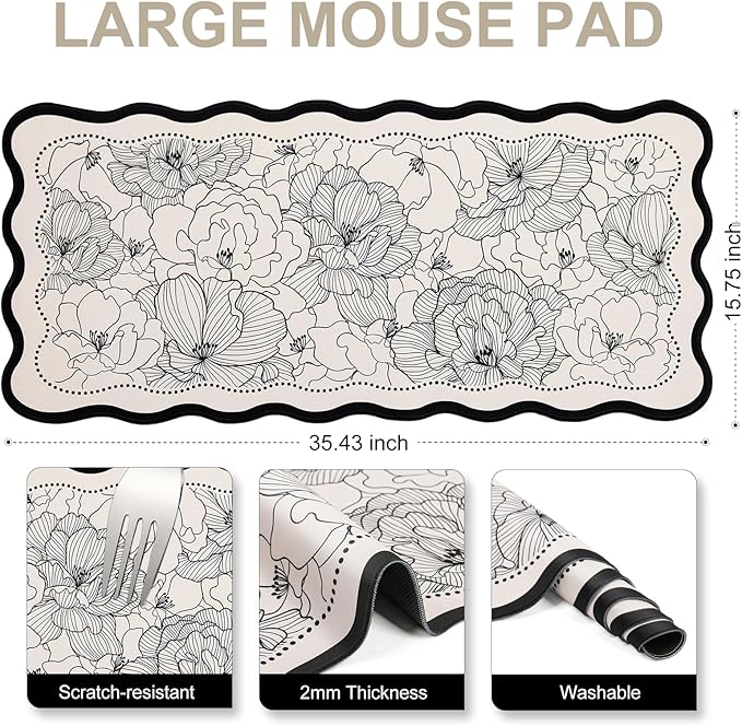 L-SPOUTTO Vintage Floral Mouse Pad,Aesthetic Scalloped Desk Mat XXL Large Gaming Mousepad,35.4x15.7in Non-Slip Keyboard Pad Waterproof Desktop Mat for Laptop Computer Work Game Home Office-Peony Beige