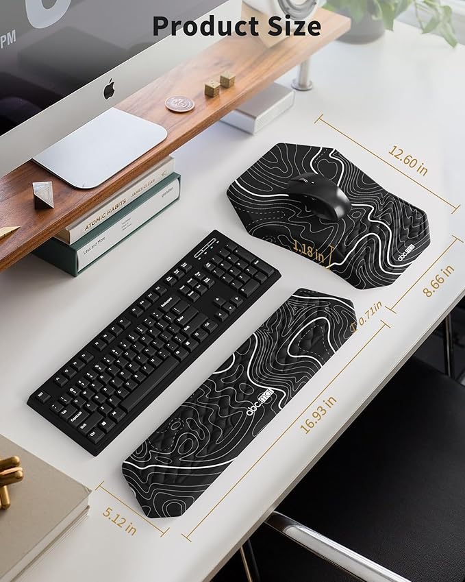 Ergonomic Mouse Pad and Keyboard Wrist Rest Support Set, Massage Design Mousepad for Carpal Tunnel Pain Relief, Memory Foam, Non-Slip PU Base for Computer Desk, Topographic Contour
