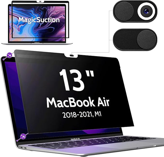 Peslv Privacy Screen for MacBook Air 13 Inch (2018-2021, M1) & MacBook Pro 13 In (2016-2022, M1, M2), MagicSuction™ Removable Anti Spy Black Protector, Glare Blue Light Filter for Mac Laptop Computer