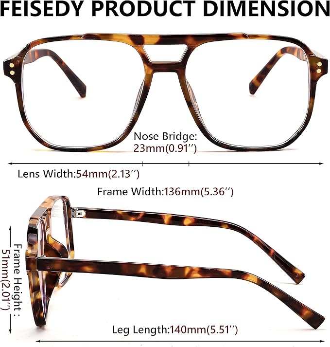FEISEDY Blue Light Blocking Glasses Fake Nerd Clear Square Computer Lightweight Pilot Glasses Frame Oversized B2866