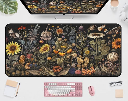Retro Mouse Pad XXL， Flower Sunflower Plant Desk Mat, Long Computer Mat, Gaming Mouse Keyboard Mats, Full Desktop Protector, Nature-Inspired Decoration Home Office Desk Accessory 31.5" x 15.7"