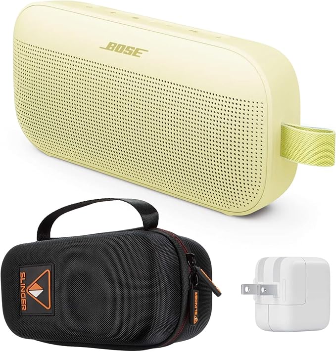 Bose NEW SoundLink Flex Portable Bluetooth Speaker (2nd Gen), Outdoor Speaker with Hi-Fi Audio, Up to 12 Hours Battery, Waterproof and Dustproof, + Slinger Hard Travel Case & USB Plug (Citrus Yellow)