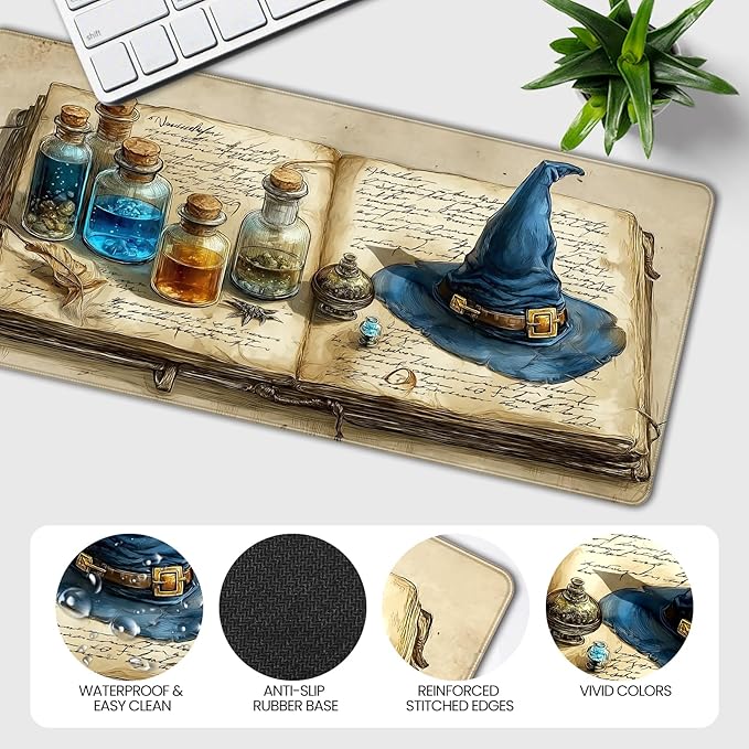 Large Gaming Mouse Pad, Wizard Spellbook Design, 35.4 x 15.7 Inches, Extended Desk Mat