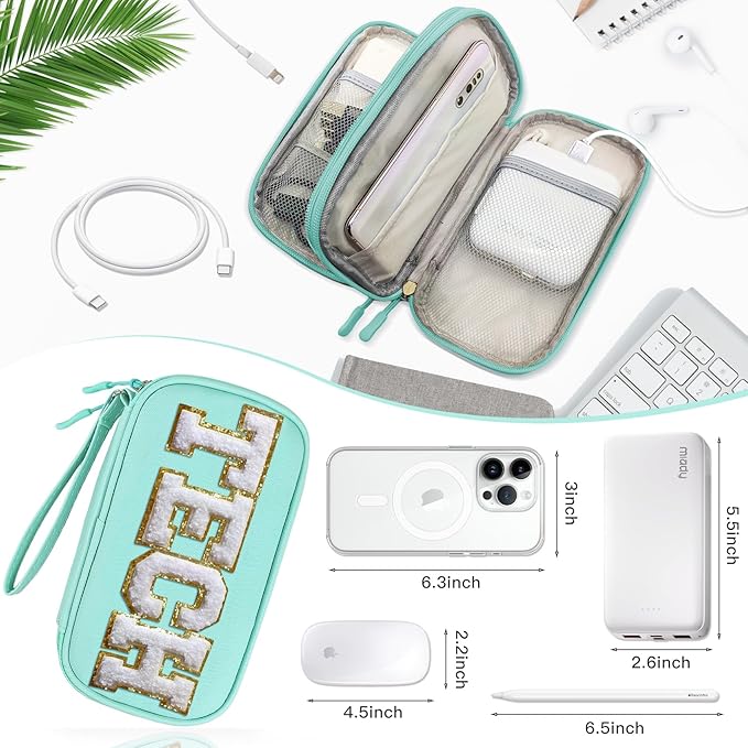 COSHAYSOO Electronics Organizer Bag Travel with Chenille Letter Patch Traveling Must Have Accessories Cute Personalized Gift for Women Cable Cord Charger Storage Pouch (Teal Blue)