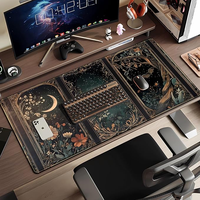Celestial Lunar Nature Tarot Card Desk Mat 31.5''X15.7'' Dark Green Desk Pad Moon Botanical Floral Large Mouse Pad Extended Gaming Mousepad XXL Keyboard Mouse Mat for Computer Laptop Gamers