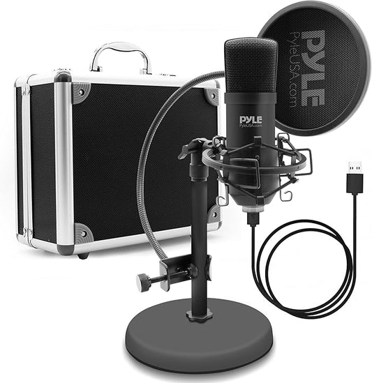 USB Microphone Podcast Recording Kit - Audio Cardioid Condenser Mic w/Desktop Stand and Pop Filter - for Gaming PS4, Streaming, Podcasting, Studio, YouTube, Works w/Windows Mac PC - Pyle PDMIKT120