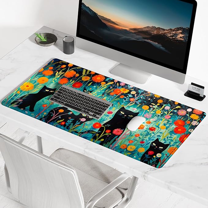 BOSOBO Large Mouse Pad, Desk Pad, XXL XL Extended Gaming Mouse Pad, Desk Mat for Office & Home, Long Keyboard Mat, Huge Mouse Pad, Desktop Full Cover 35.5 x 15.7 Inches, Black Cat and Folwers