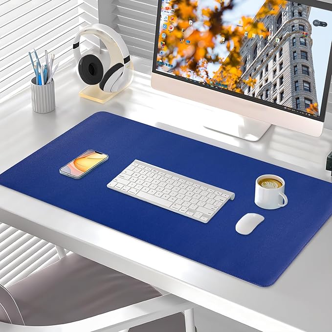Dual-Sided Desk Pad, Large Mouse Pad - Natural Cork & PU Leather Non-Slip Waterproof Desk Mats for Office and Home (Blue, 31.5" x 15.7")