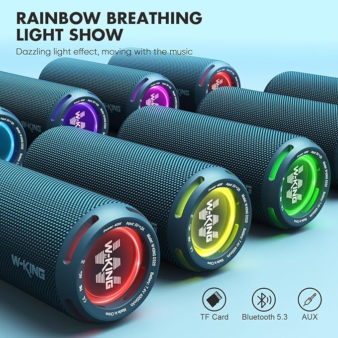 W-KING Portable Bluetooth Speakers Loud, IPX7 Waterproof Outdoor Speakers Wireless, APP Customized EQ, Dual Voice Coil/Deep Bass, 360° Sound with Lights/V5.3/TF/AUX, 40W Party Boombox Shower Speaker