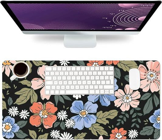 Desk Mat Large Protector Pad 27.5" ×13.8", Non-Slip PU Leather Desk Blotter, Waterproof Mouse Pad for Office Home Wildflower