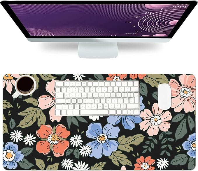 Desk Mat Large Protector Pad 23.6" ×11.8", Non-Slip PU Leather Desk Blotter, Waterproof Mouse Pad for Office Home Wildflower