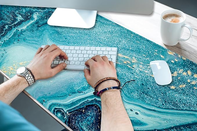XXL Waterproof Office Desk Pad Protector 35.4x15.7 Inch - Extended Gaming Mouse Pad with Non-Slip Rubber Base, Thickened Keyboard Mat, Stitched Edges & Blue Marble Design