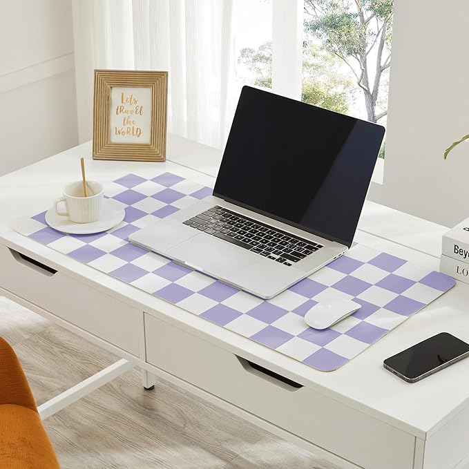 Checkered Desk Mat, Large Cute Aesthetic Retro PU Leather Computer Laptop Desk Mat, Non-Slip Waterproof Mouse Keyboard Pad, Desk Writing Mat for Work/Home (Purple, 23.6" x 13.7")