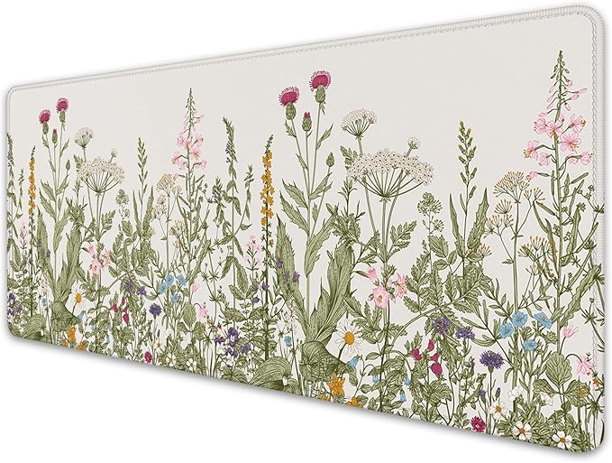 Flower Mouse Pad - Large, Abstract White, Floral Texture, Keyboard Mat, Gaming | 27.5x11.8 in