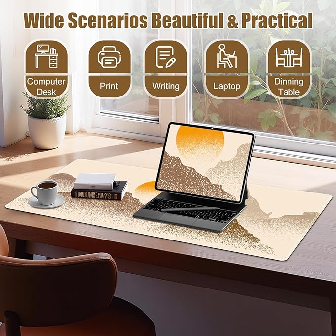 Beige Desk Matt for Desktop, Mouse Pad Mat, Desk Mat for Keyboard and Mouse, XXL Large Mouse Pad for Desk, Anti-Slip Big Mousepad with Stitched Edges, Mouse Mat for Computer Laptop Women, Mountain Sun