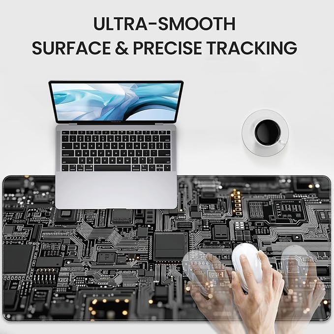 Large Gaming Mouse Pad, Circuit Board Design, Tech-Style Desk Mat, Extended Size 35.4 x 15.7 inches, Non-Slip Base, Microfiber Surface, Waterproof, Suitable for Gaming and Office Use.