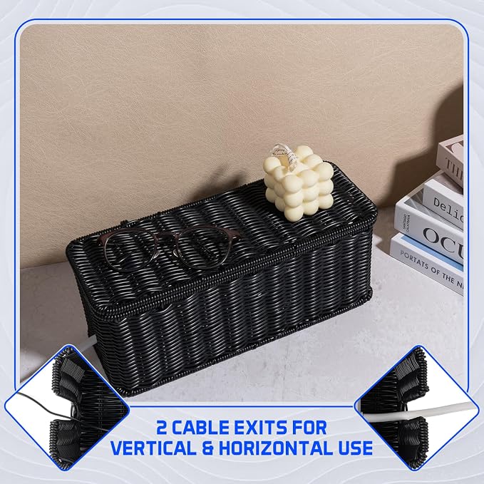 Cable Management Box, Handmade Rattan Cable Organizer with 2 Open Slots, Cord Hider for Power Strip, Router & USB Hub, Registered U.S. Design Patent (D1,112,102), 13" x 5.1" x 5.1", Black - Image 7