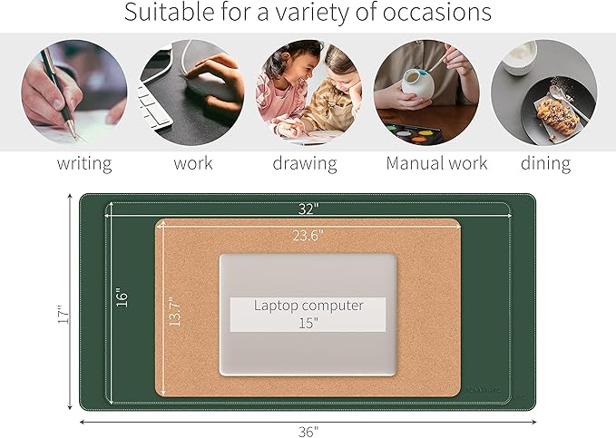 RENMTURE Dual-Sided Mouse Pad, Natural Cork & PU Leather Large Desk Pad for Office and Home Work, Desk Protector Non-Slip, Waterproof, Easy Clean (Dark Green, 32"x16")