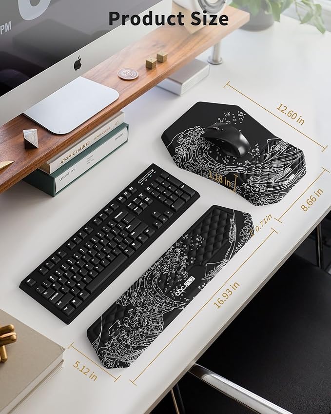 Ergonomic Mouse Pad and Keyboard Wrist Rest Support Set, Massage Design Mousepad for Carpal Tunnel Pain Relief, Memory Foam, Non-Slip PU Base for Computer Desk, Kanagawa Japanese Sea Wave