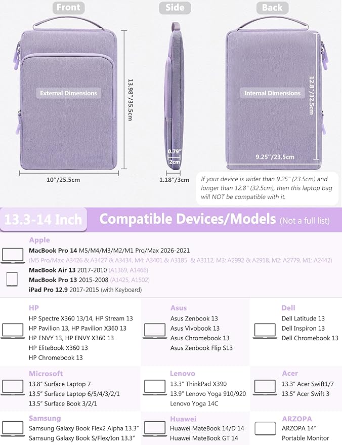 HYZUO 13.3-14 Inch Laptop Bag Sleeve for MacBook Pro 14 M5 M4 M3 M2 M1 Pro/Max A3426 A3427 2026-2021, MacBook Air/Pro 13.3, 13.8"-13.5" Surface Laptop/Book, Notebook Case for 13" Dell HP,Lilac Purple