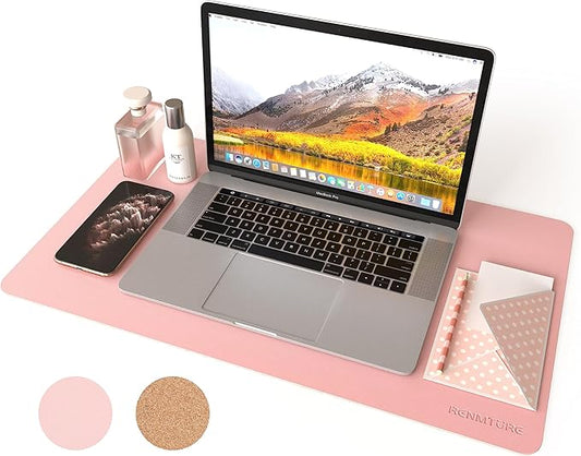 RENMTURE Dual-Sided Mouse Pad, Natural Cork & PU Leather Large Desk Pad for Office and Home Work, Desk Protector Non-Slip, Waterproof, Easy Clean (Pink, 23.6" x 13.7")