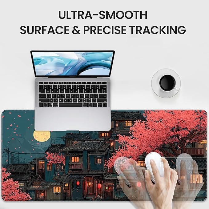 Japanese Anime Cherry Blossom Night Scene Mouse Pad, XXL Extended 35.4 x 15.7 Inch Desk Mat, Non-Slip Rubber Base, Microfiber Cloth Surface, Game Table mat