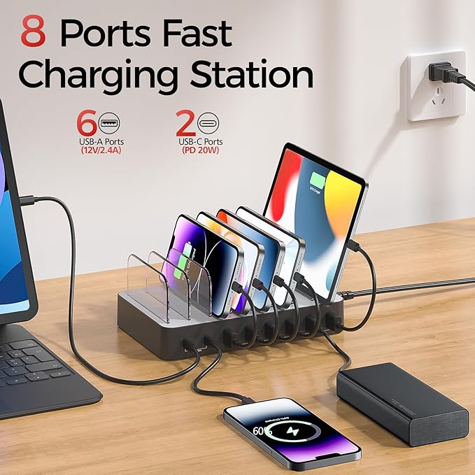 Unitek 8 Port USB Charger Dock - 2 PD 20W USB-C + 6 USB-A Ports Fast Charging Station for iPhone, iPad, Samsung Devices - Black Multi Tablet Holder & Organizer