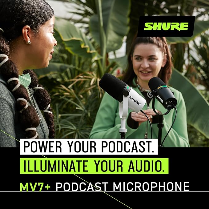 Shure MV7+ Podcast Dynamic Microphone – OBS Certified, Enhanced Audio, LED Panel, USB-C & XLR Outputs, Auto Level Mode, Digital Pop Filter, Reverb Effects – For Podcasting, Streaming, Recording, White