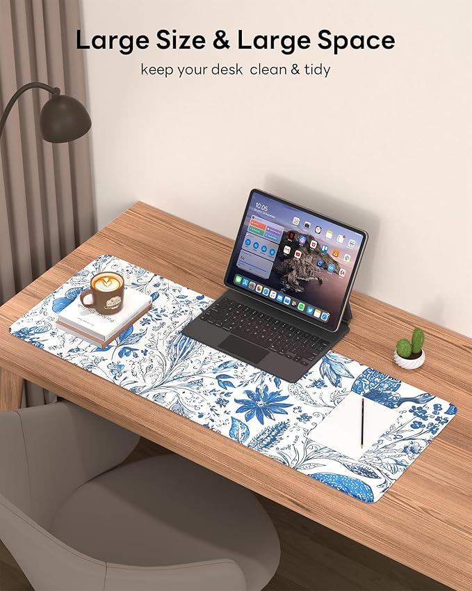 Floral Mouse Pad, 31.5 x 11.8 Large Desk Mat with Stitched Edges & Non-Slip Base, Mousepad for Office, Home, Work, Gaming, Blue Flower