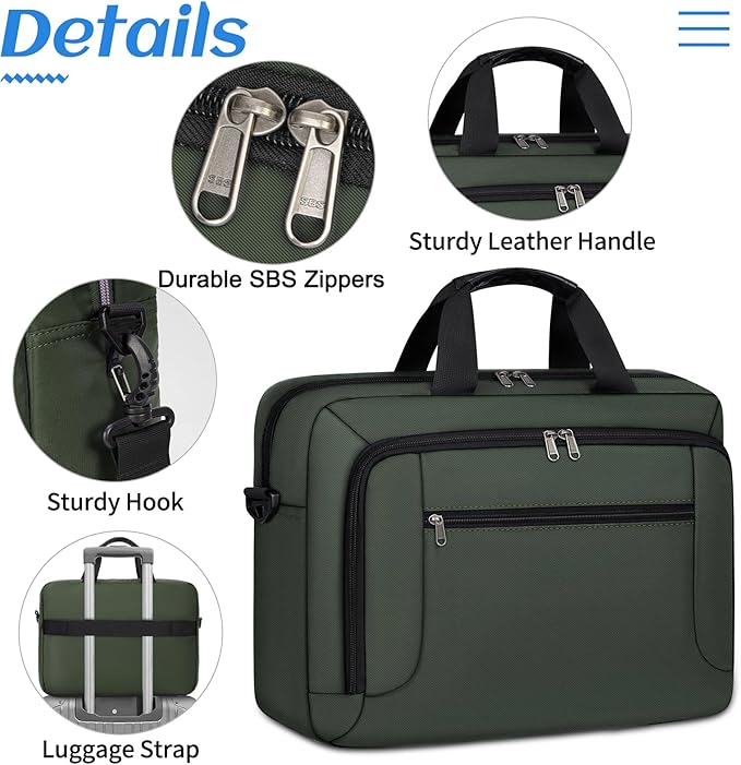 Laptop Bag 17.3 Inch Laptop Briefcase Large Waterproof Laptop Case for Men Women Business Office Work Computer Bag 17 Inch Adjustable Shoulder Messenger Bag, Green
