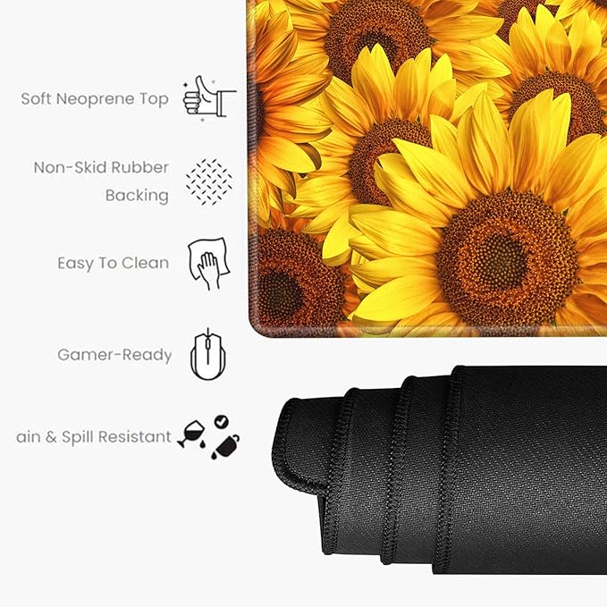Sunflower Mouse Pad Large Desk Mats on Top of Desks Pad 31.5''x 15.75''inch Gaming Mousepad Long Extended Desk Protector Mat Full Laptop Mat for Wireless Mouse Non Slip Work Computer