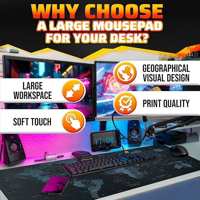 World Map Mouse Pad Large 35x15.7 - Geographical Designed XL Gaming Mouse Pad Map with Soft & Water-Resistant Coating - Easy to Clean Large Mousepads for Desk, XL Mousepad Mat for Games & Work