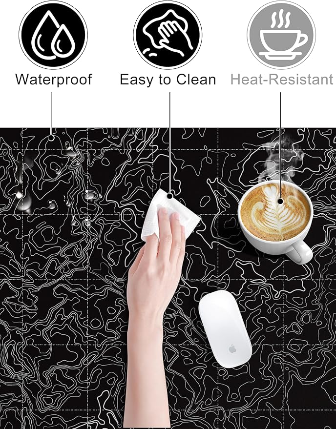 TopMade Mouse Pad with 15W Fast Wireless Charging, 31.5"x15.75" XXL Large Gaming Waterproof Desk Pad, Computer Desk Mat, Black Topographic Map #3 (Includes 20W PD Power Adapter & 6.56ft Woven Cable)