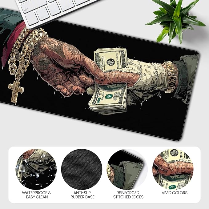 Extended Gaming Mousepad with Cross and Dollar Bill Designs, 35.4 x 15.7 inches, Featuring a Non-Slip Base and Waterproof Surface, Suitable for Home Office and Work environments.