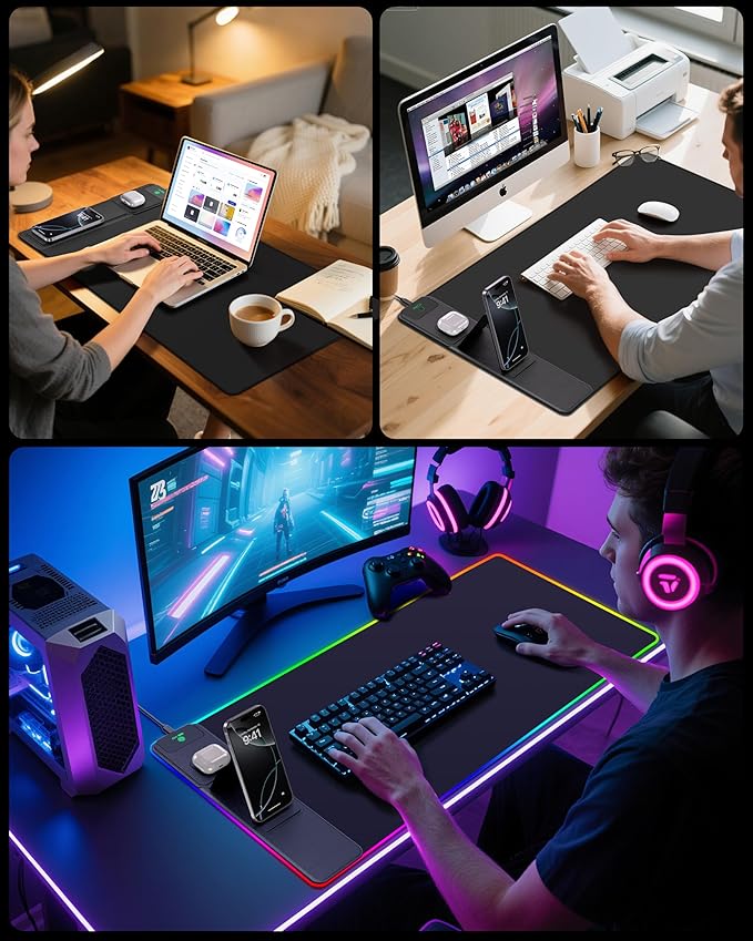 4-in-1 RGB Gaming Mouse Pad with Wireless Charging & Phone Stand, 31.5"x15.8" Large, 24 Light Effects, Non-Slip Base, Waterproof Ultra-Smooth Surface, with Adatper