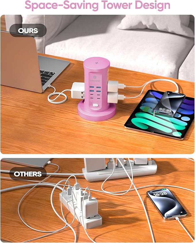 Power Strip Tower, kakyanill Surge Protector Tower 9 AC Outlets 8 USB (4 USB C), 6 Ft Retractable Extension Cord, Charging Station for Office Dorm Room, Purple