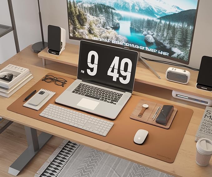 RENMTURE Desk Pad, Cork & PU Leather Desk Mat, Large Mouse pad, Non-Slip Desk Protector and Blotter, Waterproof Writing Pad, Desk Accessories and Organizers for Home Office (Brown, 36"x17")