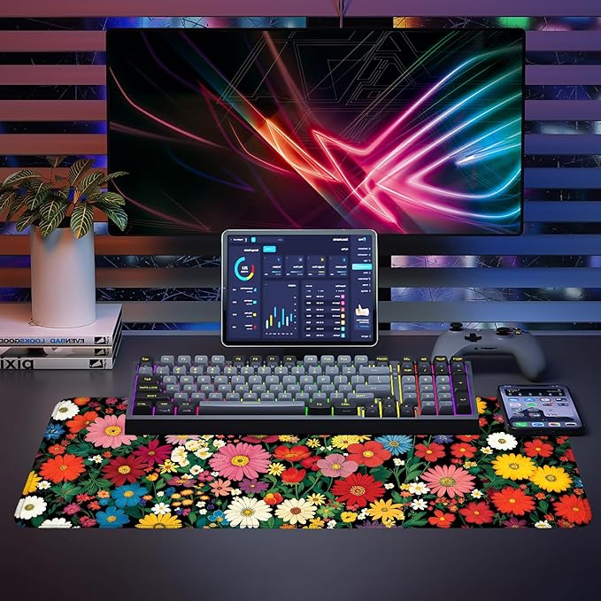 Mouse Pad, Large Anti-Slip with Stitched Edges Desk Mat Desktop Laptop Computer Desk Keyboard Mat,Table Protector Blotter Mat (Flower, 31.5" x 11.8")