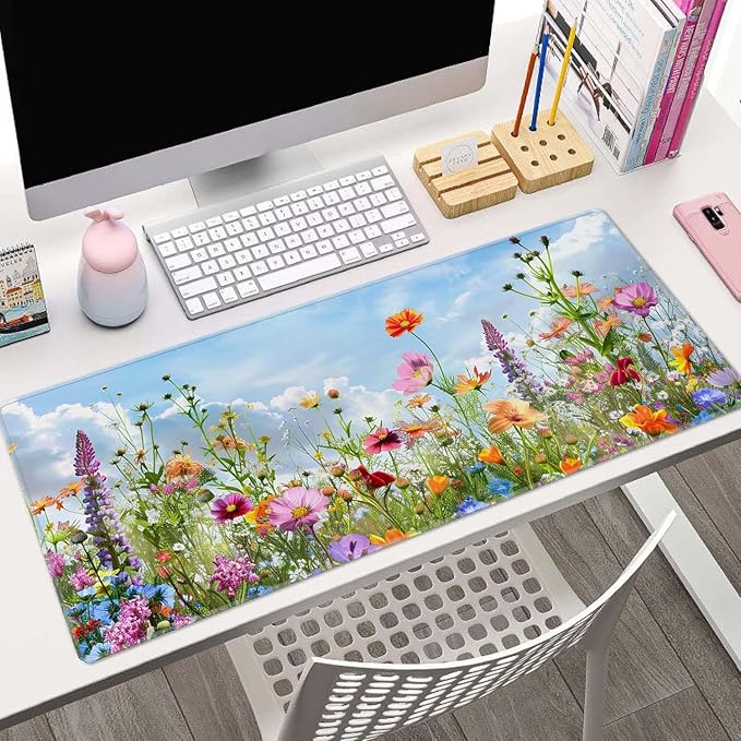 Flowers in Garden Large Gaming Mouse Pad Keyboard Desk Pad Extended Mouse Pad Gaming Office Decor, PC Laptop Mouse Pads Large (31.5x151.8 in) with Stitched Edges Non-Slip Base Mousepad XL