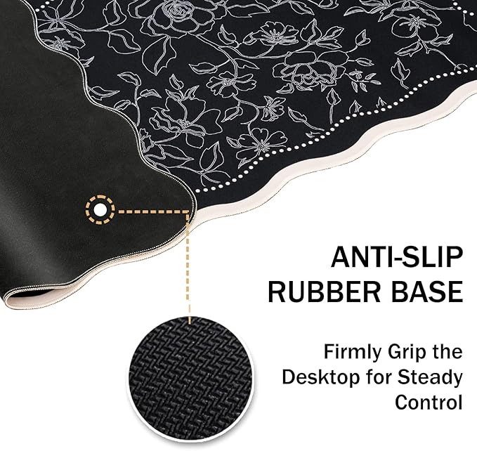 L-SPOUTTO Vintage Floral Mouse Pad,Aesthetic Scalloped Desk Mat XXL Large Gaming Mousepad,35.4x15.7in Non-Slip Keyboard Pad Waterproof Desktop Mat for Laptop Computer Work Game Home Office-Black