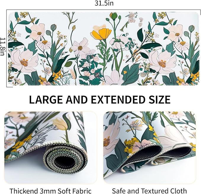 Floral Desk Mat, Desk Matt for Desktop Non-Slip, Large Mouse Pad with Stitched Edges, XL Computer Desk Mat for Women Office Decor (Yellow, 31.5" x 15.7")